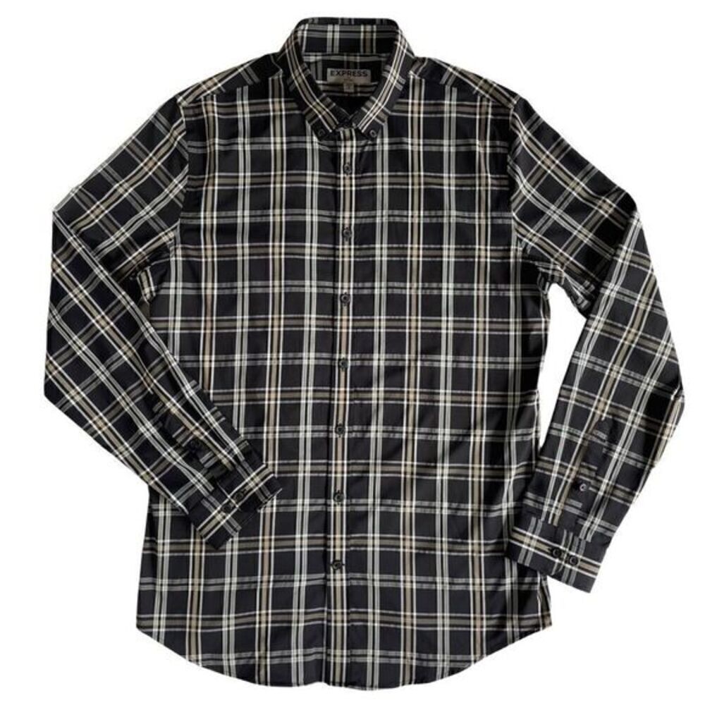 EXPRESS Fitted Black & White Plaid Nylon Button Down Dress Shirt Men’s Medium